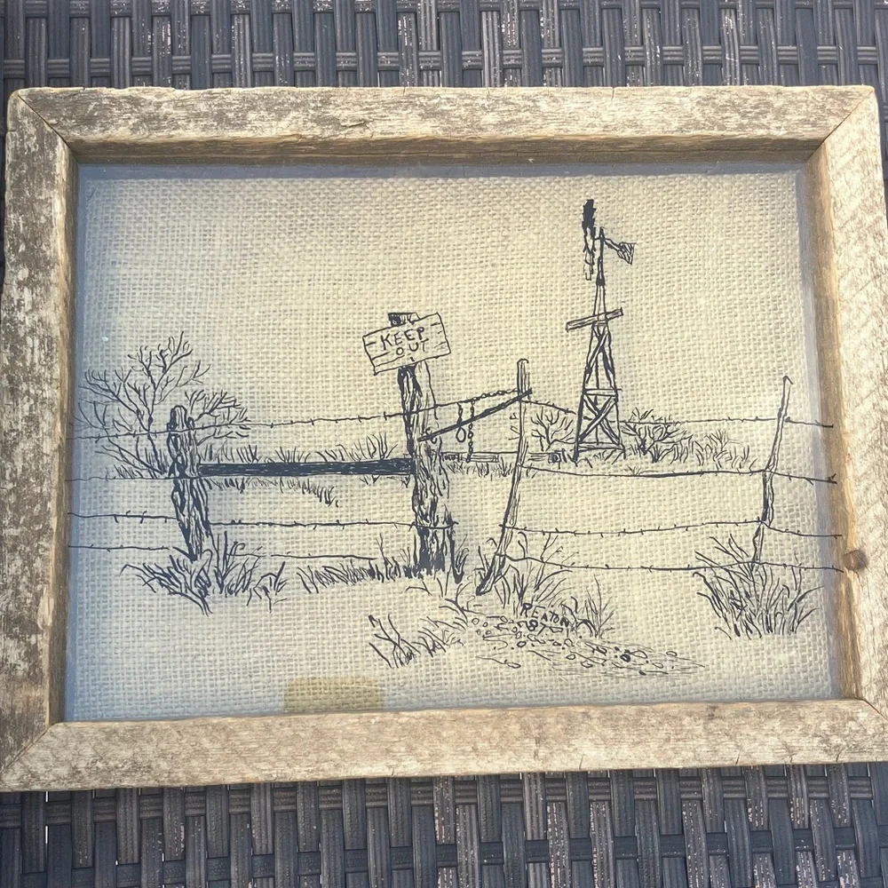 Rustic Framed Shadowbox Sketch Art‎ Windmill Fence Post Keep Out Sign  10x13x2